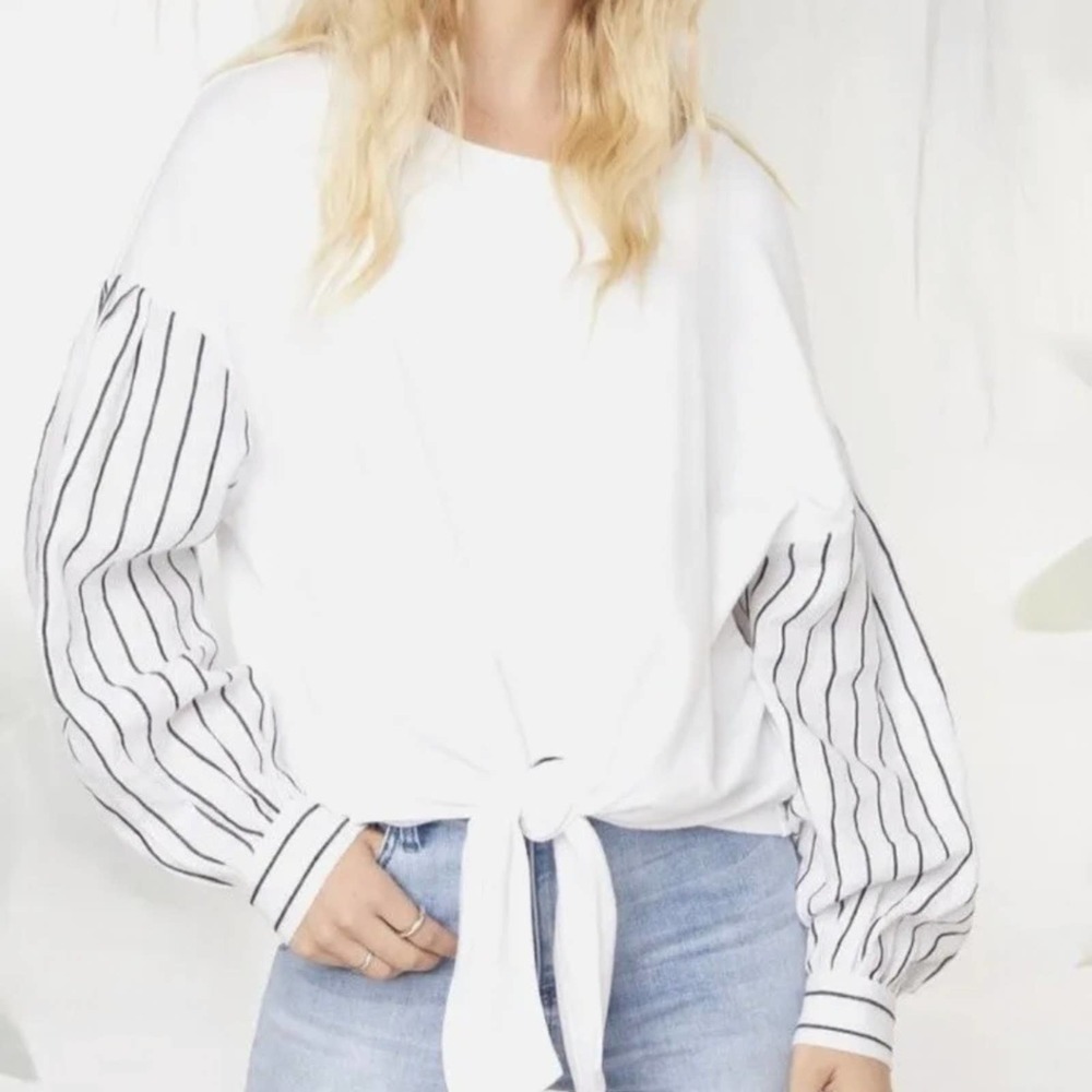 Fifteen Twenty Fleece sweatshirt contrast sleeve tie front top size S